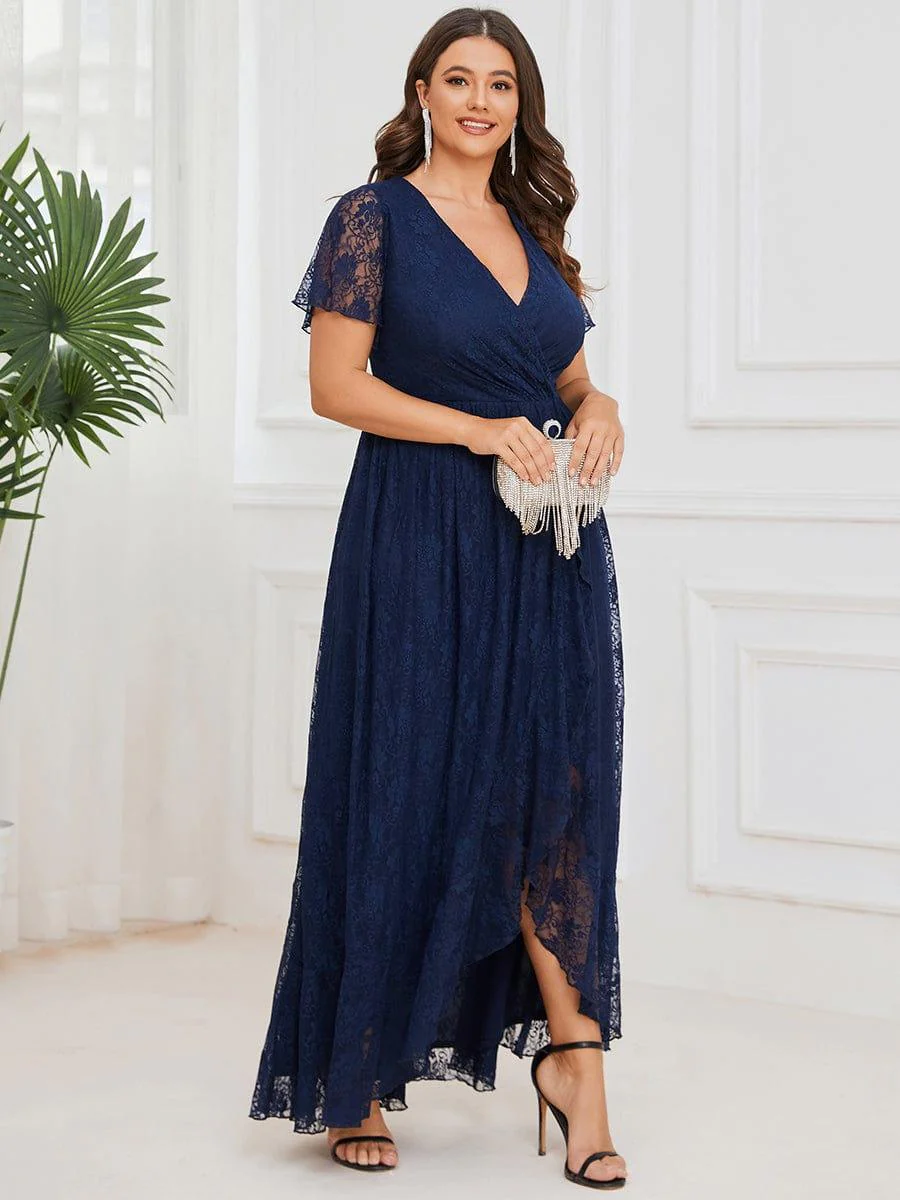 pretty ELISE|Plus Size V-Neck Short Sleeve Pleated Ruffled Lace Evening Dress - Image 19