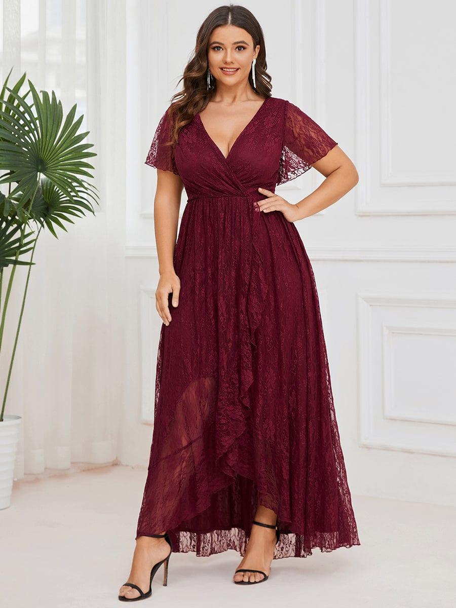 pretty ELISE|Plus Size V-Neck Short Sleeve Pleated Ruffled Lace Evening Dress - Image 20