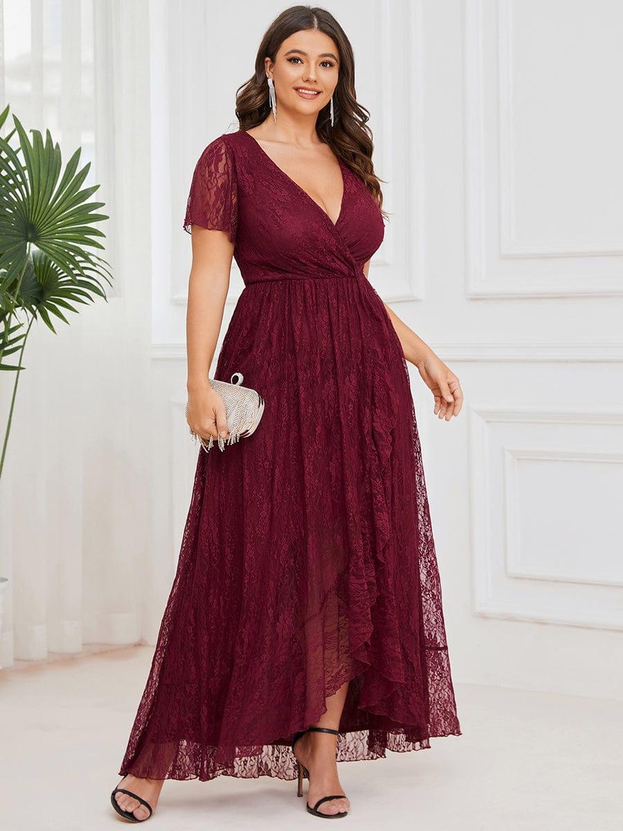 pretty ELISE|Plus Size V-Neck Short Sleeve Pleated Ruffled Lace Evening Dress - Image 22