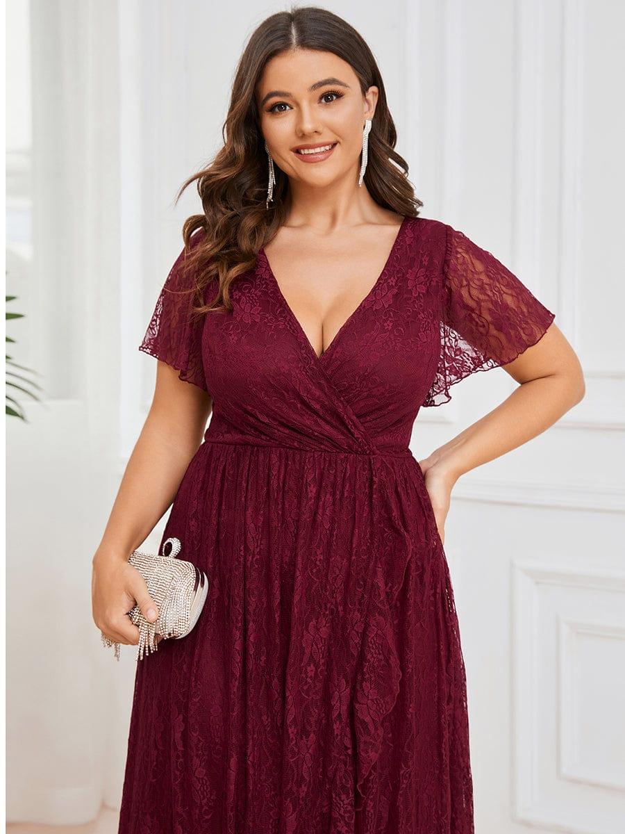 pretty ELISE|Plus Size V-Neck Short Sleeve Pleated Ruffled Lace Evening Dress - Image 23
