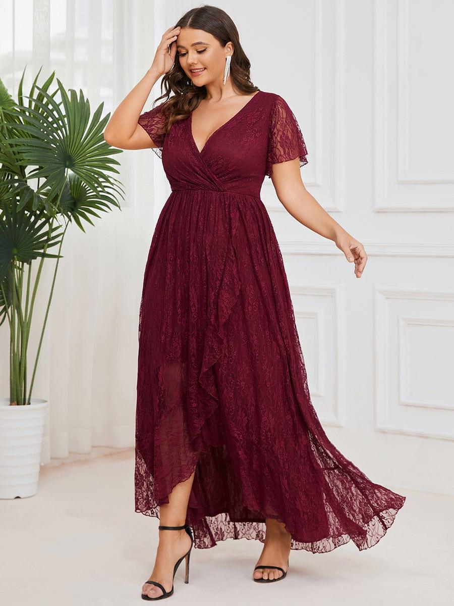 pretty ELISE|Plus Size V-Neck Short Sleeve Pleated Ruffled Lace Evening Dress - Image 24
