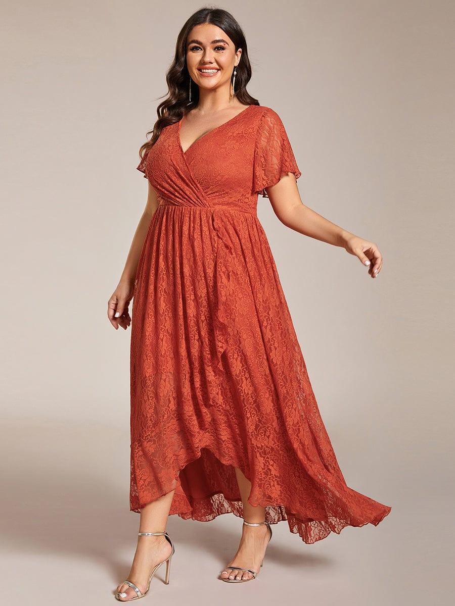 pretty ELISE|Plus Size V-Neck Short Sleeve Pleated Ruffled Lace Evening Dress - Image 3