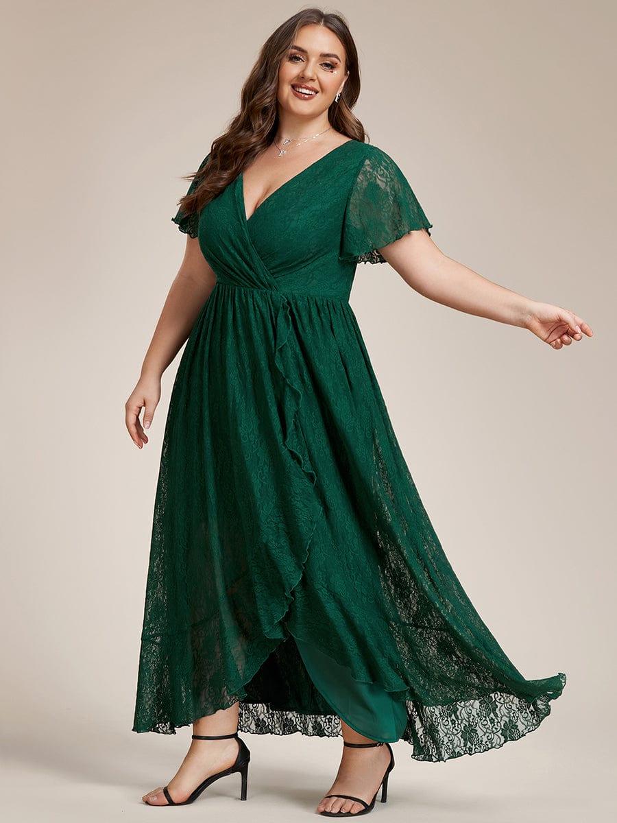 pretty ELISE|Plus Size V-Neck Short Sleeve Pleated Ruffled Lace Evening Dress - Image 33
