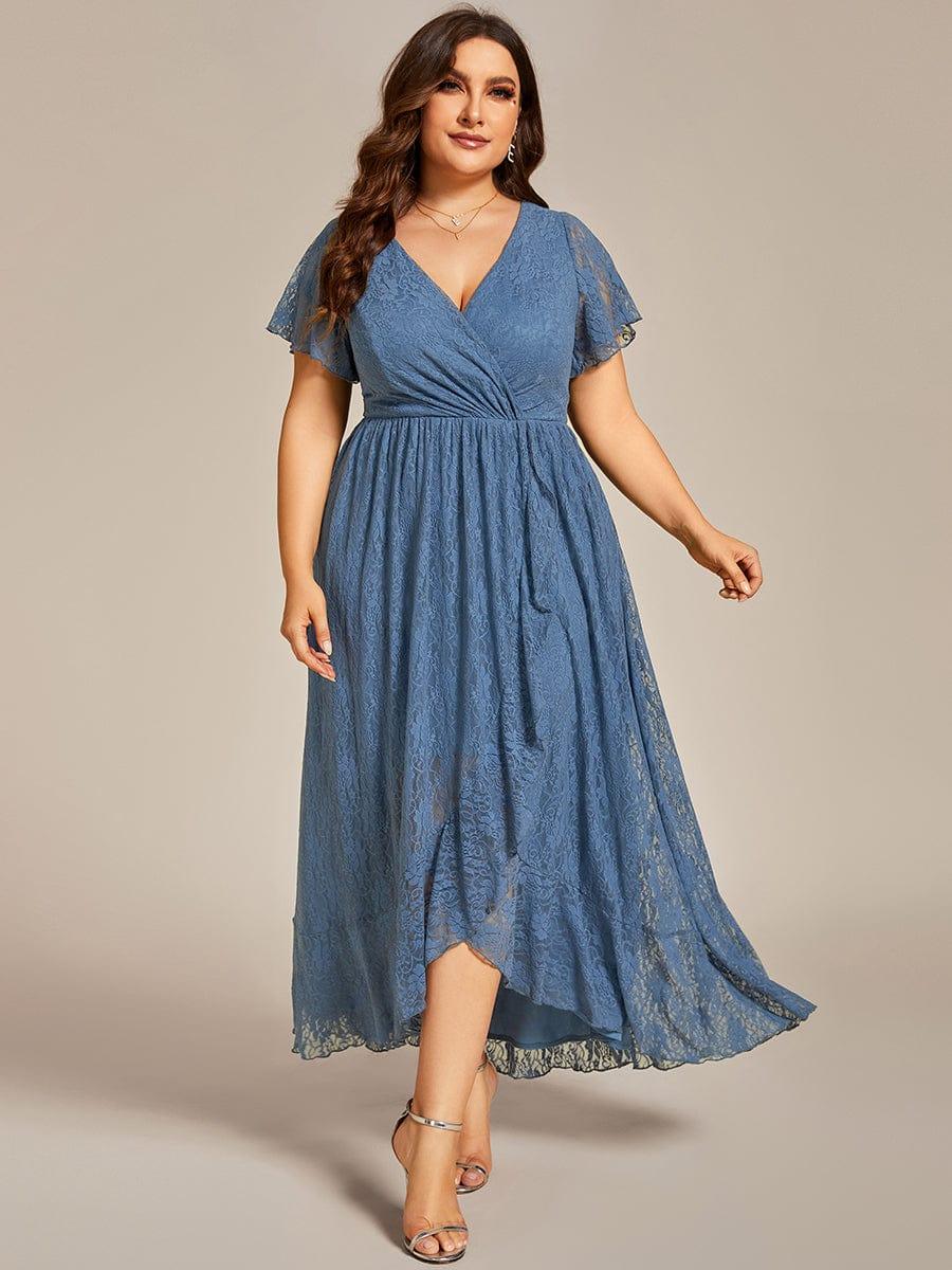 pretty ELISE|Plus Size V-Neck Short Sleeve Pleated Ruffled Lace Evening Dress - Image 38