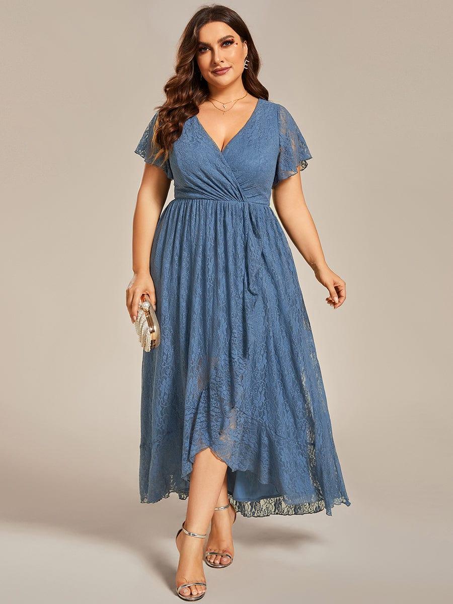 pretty ELISE|Plus Size V-Neck Short Sleeve Pleated Ruffled Lace Evening Dress - Image 42