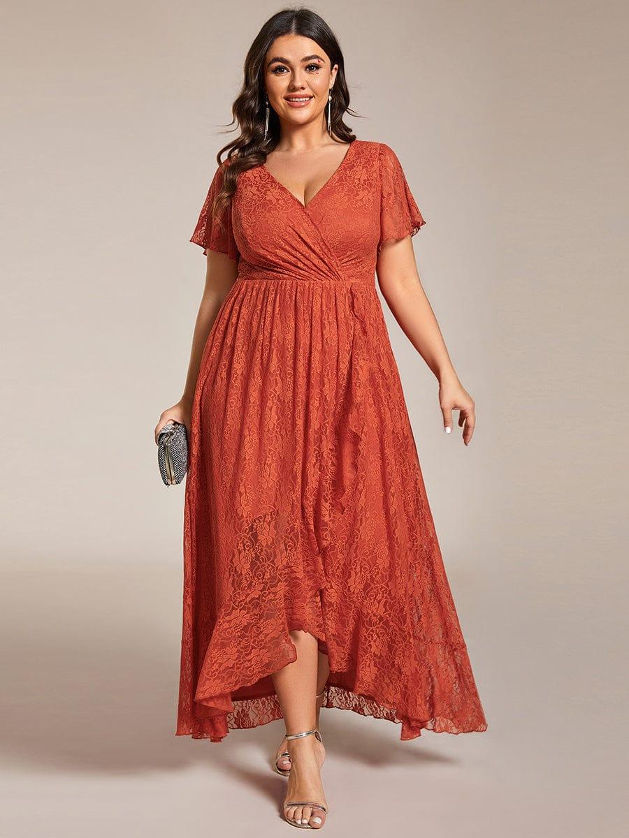 pretty ELISE|Plus Size V-Neck Short Sleeve Pleated Ruffled Lace Evening Dress - Image 45