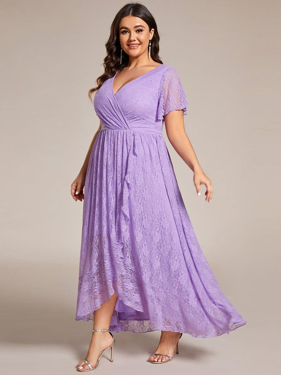 pretty ELISE|Plus Size V-Neck Short Sleeve Pleated Ruffled Lace Evening Dress - Image 49