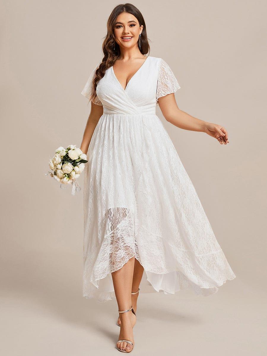 pretty ELISE|Plus Size V-Neck Short Sleeve Pleated Ruffled Lace Evening Dress - Image 5