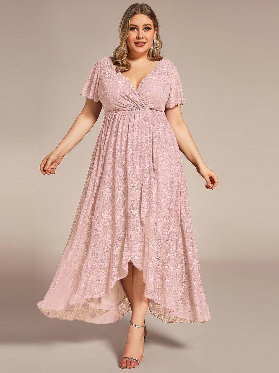 pretty ELISE|Plus Size V-Neck Short Sleeve Pleated Ruffled Lace Evening Dress - Image 51
