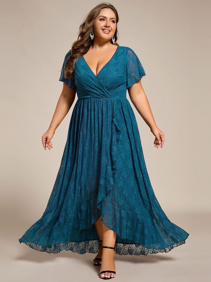 pretty ELISE|Plus Size V-Neck Short Sleeve Pleated Ruffled Lace Evening Dress - Image 56