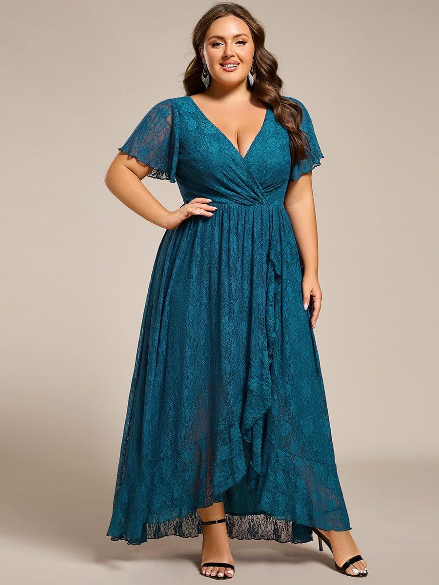 pretty ELISE|Plus Size V-Neck Short Sleeve Pleated Ruffled Lace Evening Dress - Image 59
