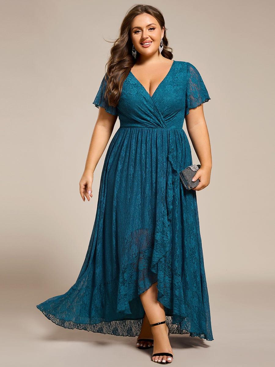 pretty ELISE|Plus Size V-Neck Short Sleeve Pleated Ruffled Lace Evening Dress - Image 60