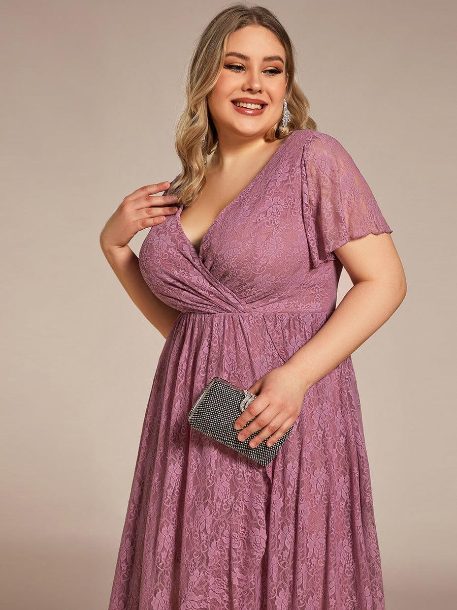 pretty ELISE|Plus Size V-Neck Short Sleeve Pleated Ruffled Lace Evening Dress - Image 63
