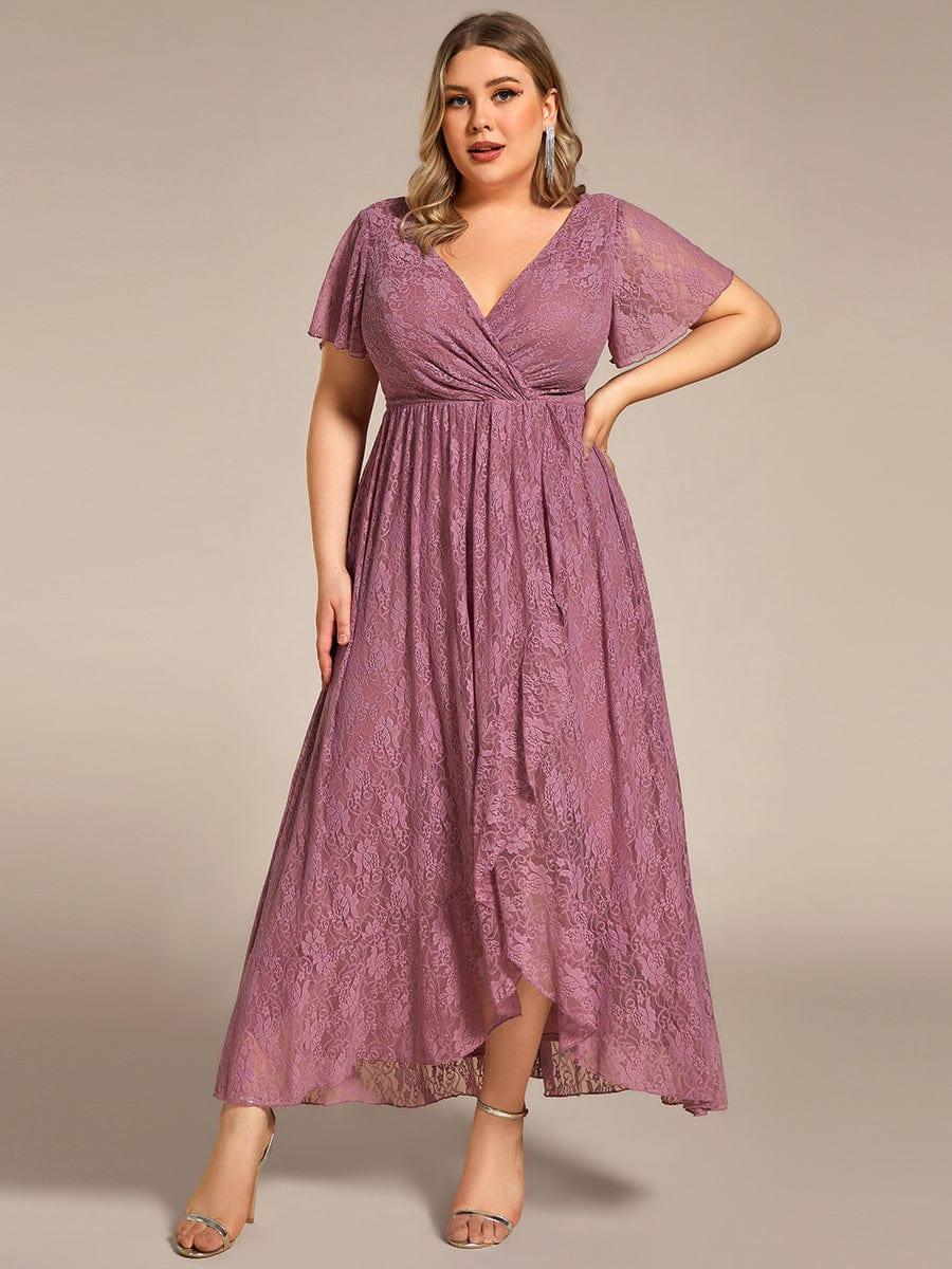 pretty ELISE|Plus Size V-Neck Short Sleeve Pleated Ruffled Lace Evening Dress - Image 64