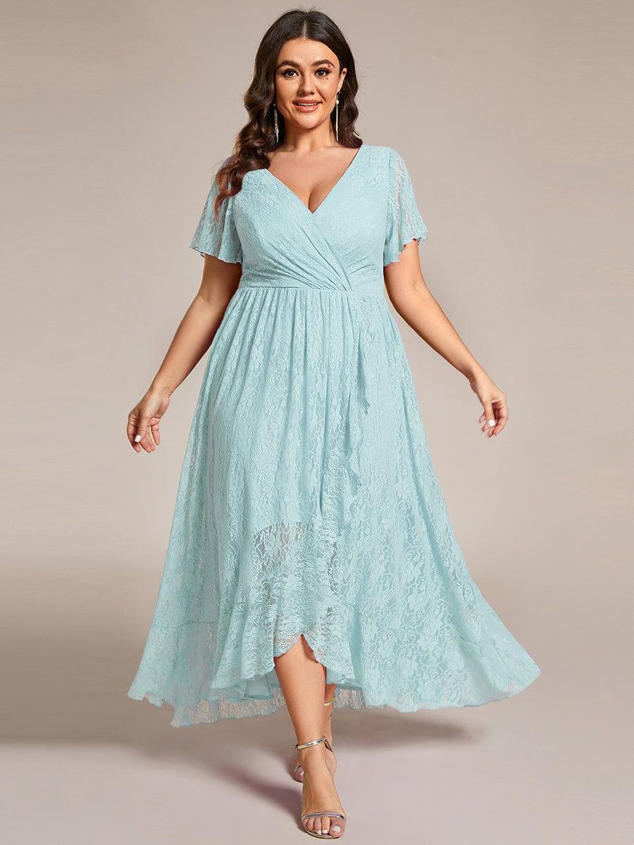 pretty ELISE|Plus Size V-Neck Short Sleeve Pleated Ruffled Lace Evening Dress - Image 66