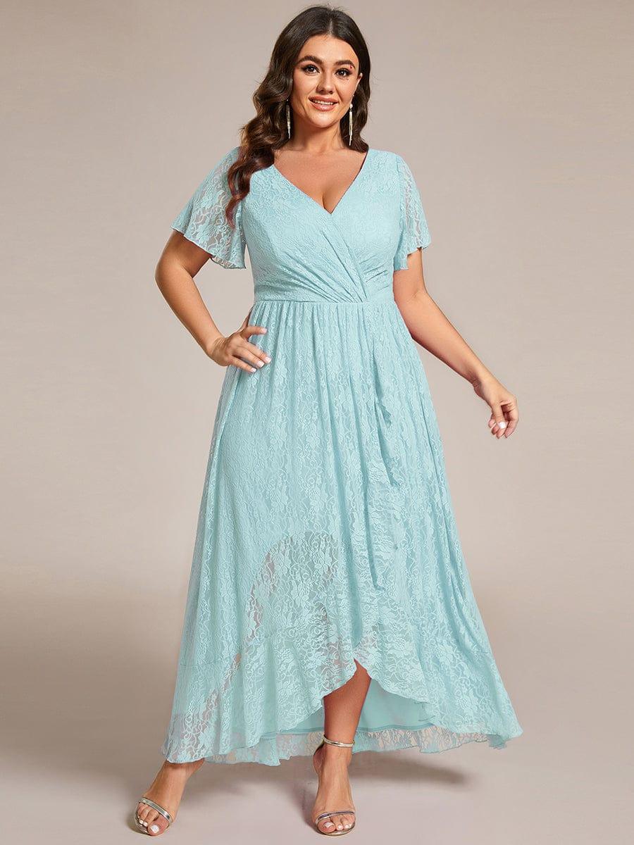 pretty ELISE|Plus Size V-Neck Short Sleeve Pleated Ruffled Lace Evening Dress - Image 69