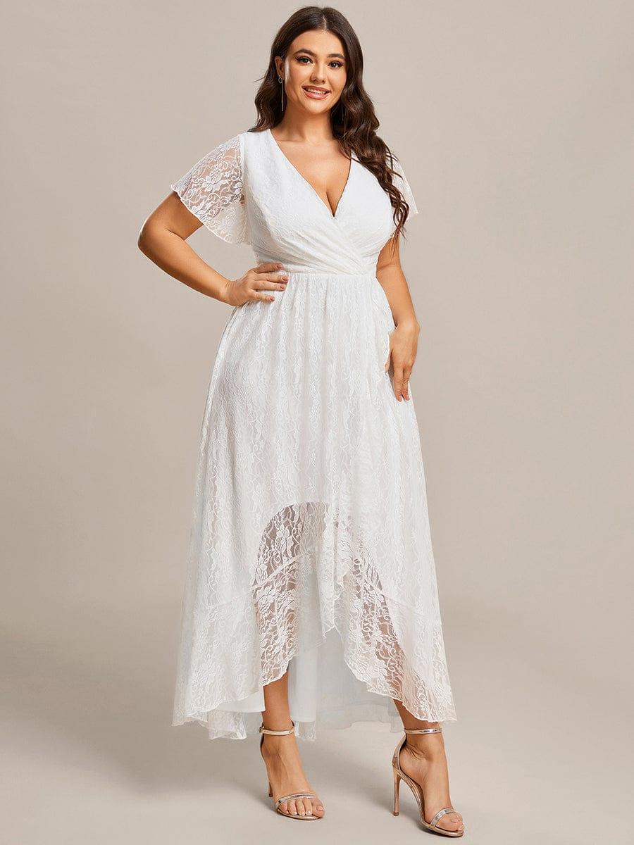 pretty ELISE|Plus Size V-Neck Short Sleeve Pleated Ruffled Lace Evening Dress - Image 8