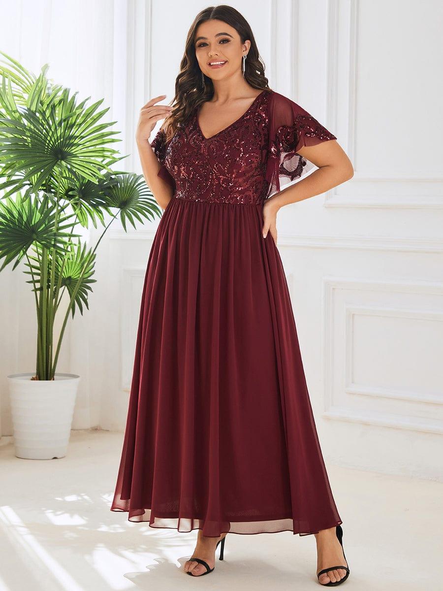 pretty HAZEL|Plus Size V-Neck Short Sleeve Sequin Bodice Mother of the Bride Dress - Image 11