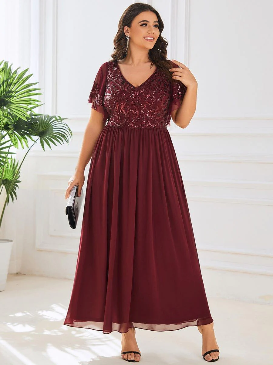 pretty HAZEL|Plus Size V-Neck Short Sleeve Sequin Bodice Mother of the Bride Dress - Image 12