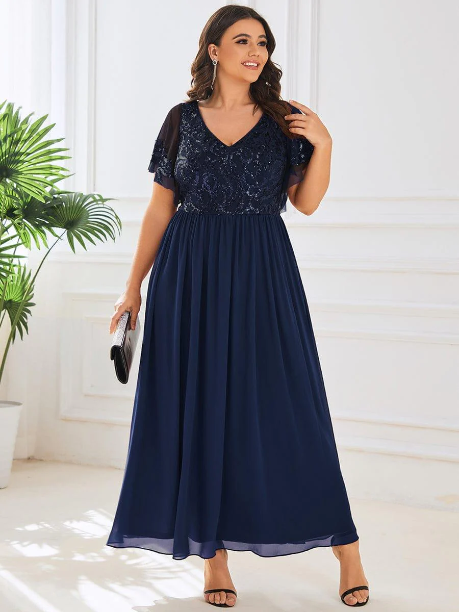 pretty HAZEL|Plus Size V-Neck Short Sleeve Sequin Bodice Mother of the Bride Dress - Image 13