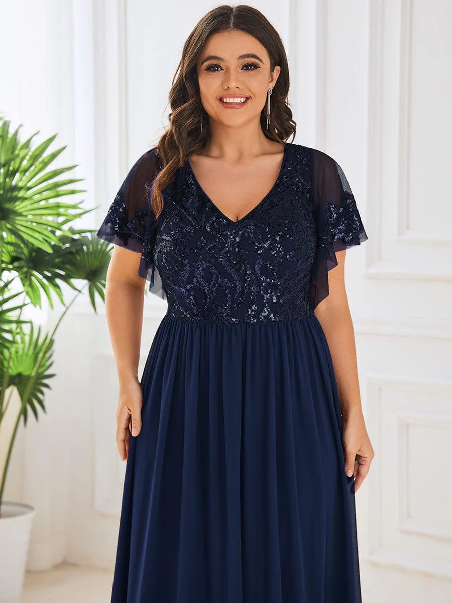 pretty HAZEL|Plus Size V-Neck Short Sleeve Sequin Bodice Mother of the Bride Dress - Image 15