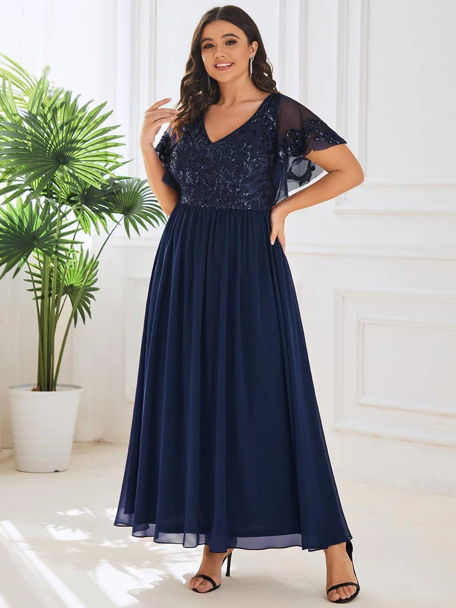 pretty HAZEL|Plus Size V-Neck Short Sleeve Sequin Bodice Mother of the Bride Dress - Image 17