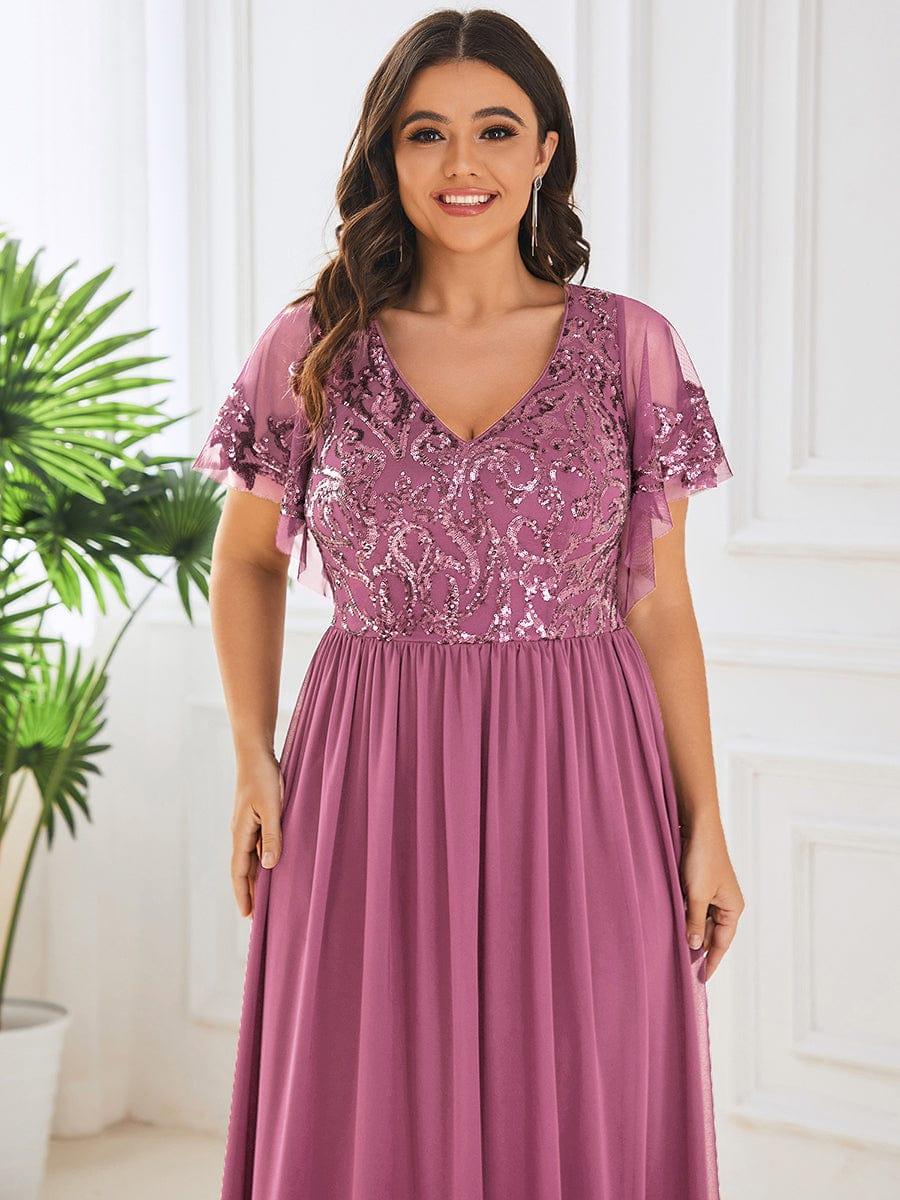 pretty HAZEL|Plus Size V-Neck Short Sleeve Sequin Bodice Mother of the Bride Dress - Image 20