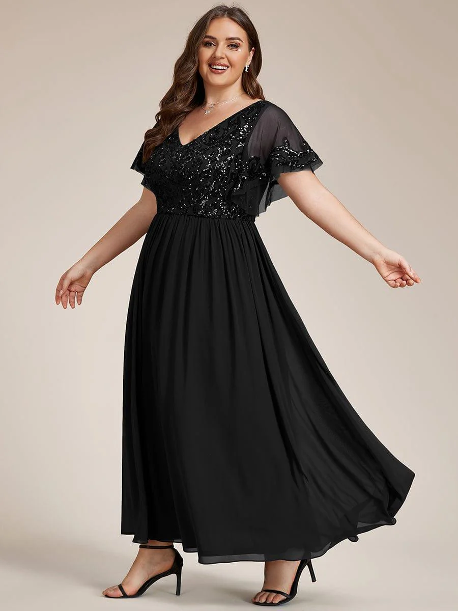 pretty HAZEL|Plus Size V-Neck Short Sleeve Sequin Bodice Mother of the Bride Dress - Image 24