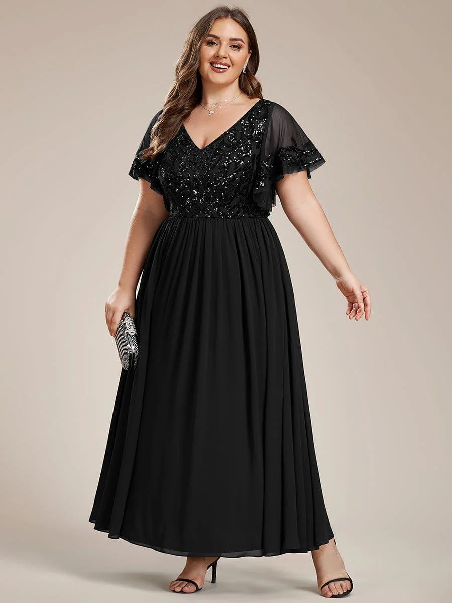 pretty HAZEL|Plus Size V-Neck Short Sleeve Sequin Bodice Mother of the Bride Dress - Image 25