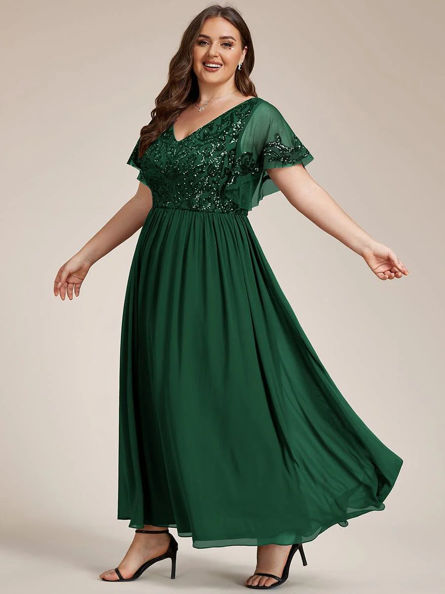 pretty HAZEL|Plus Size V-Neck Short Sleeve Sequin Bodice Mother of the Bride Dress - Image 29