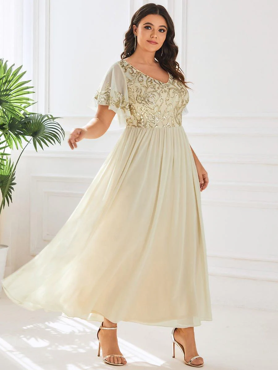 pretty HAZEL|Plus Size V-Neck Short Sleeve Sequin Bodice Mother of the Bride Dress - Image 6