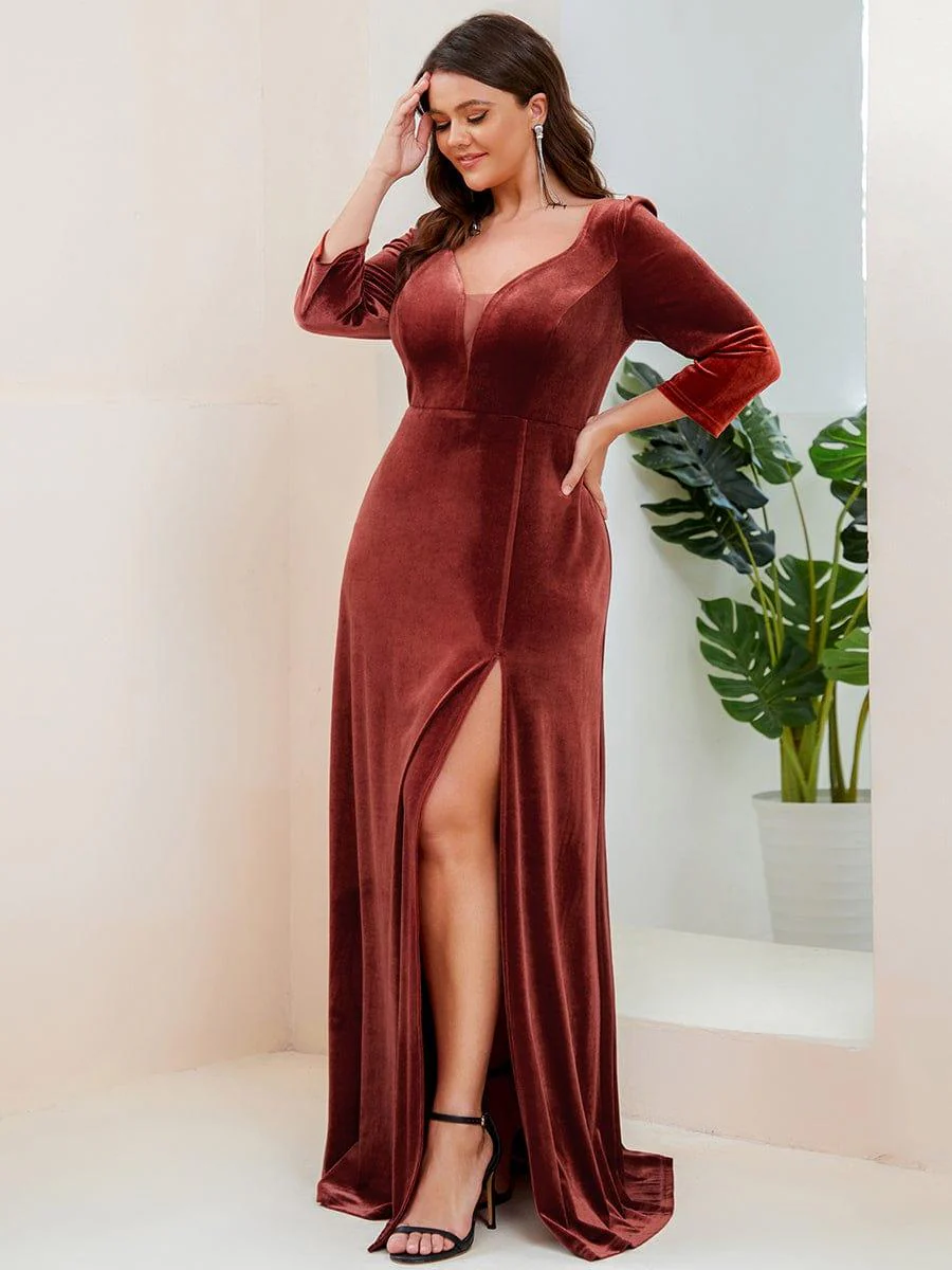Plus Size Velvet Plunging V-Neck 3/4 Sleeve A-Line Evening Dress with Slit(Final Sale) - Image 10