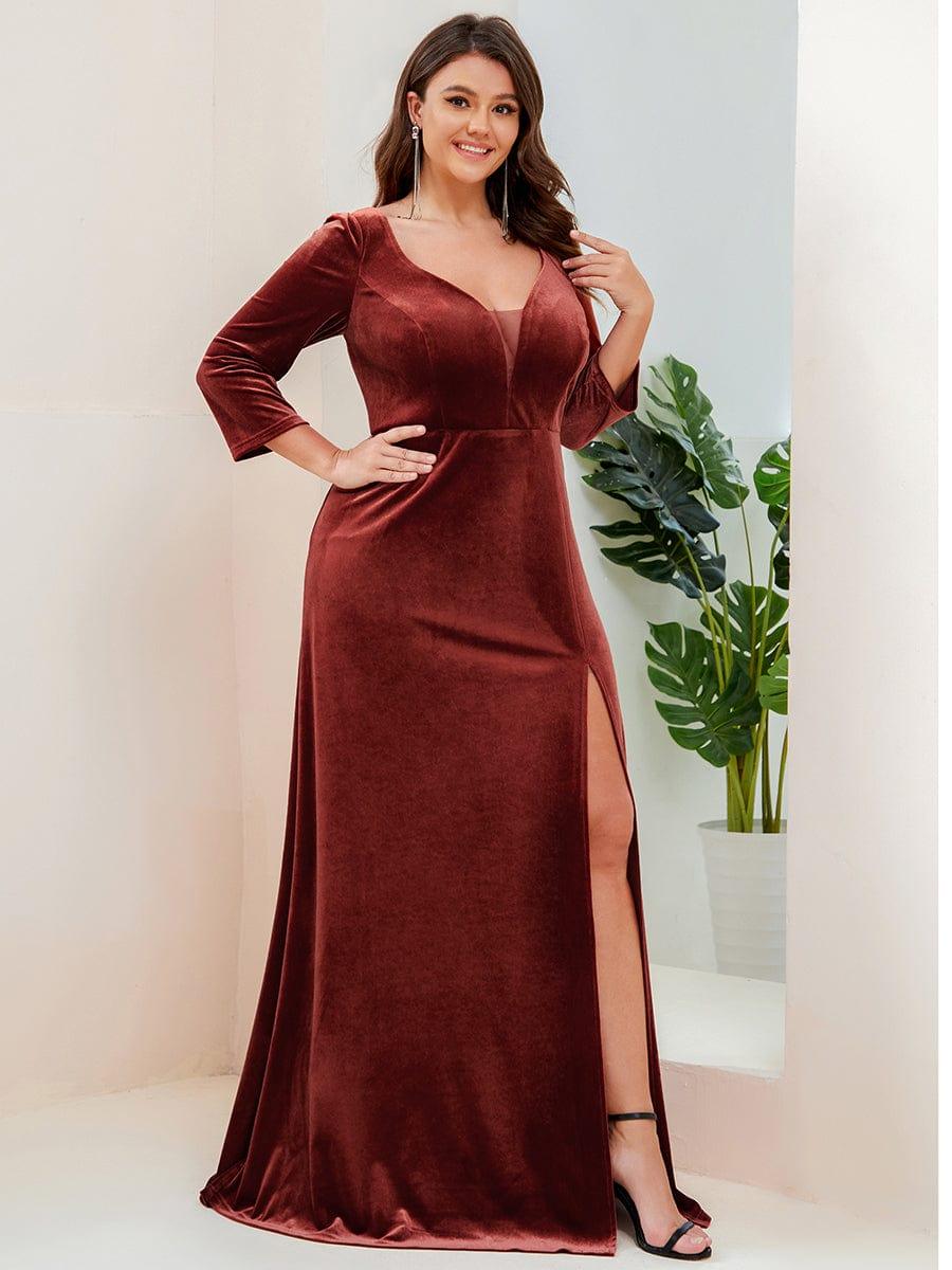 Plus Size Velvet Plunging V-Neck 3/4 Sleeve A-Line Evening Dress with Slit(Final Sale) - Image 12