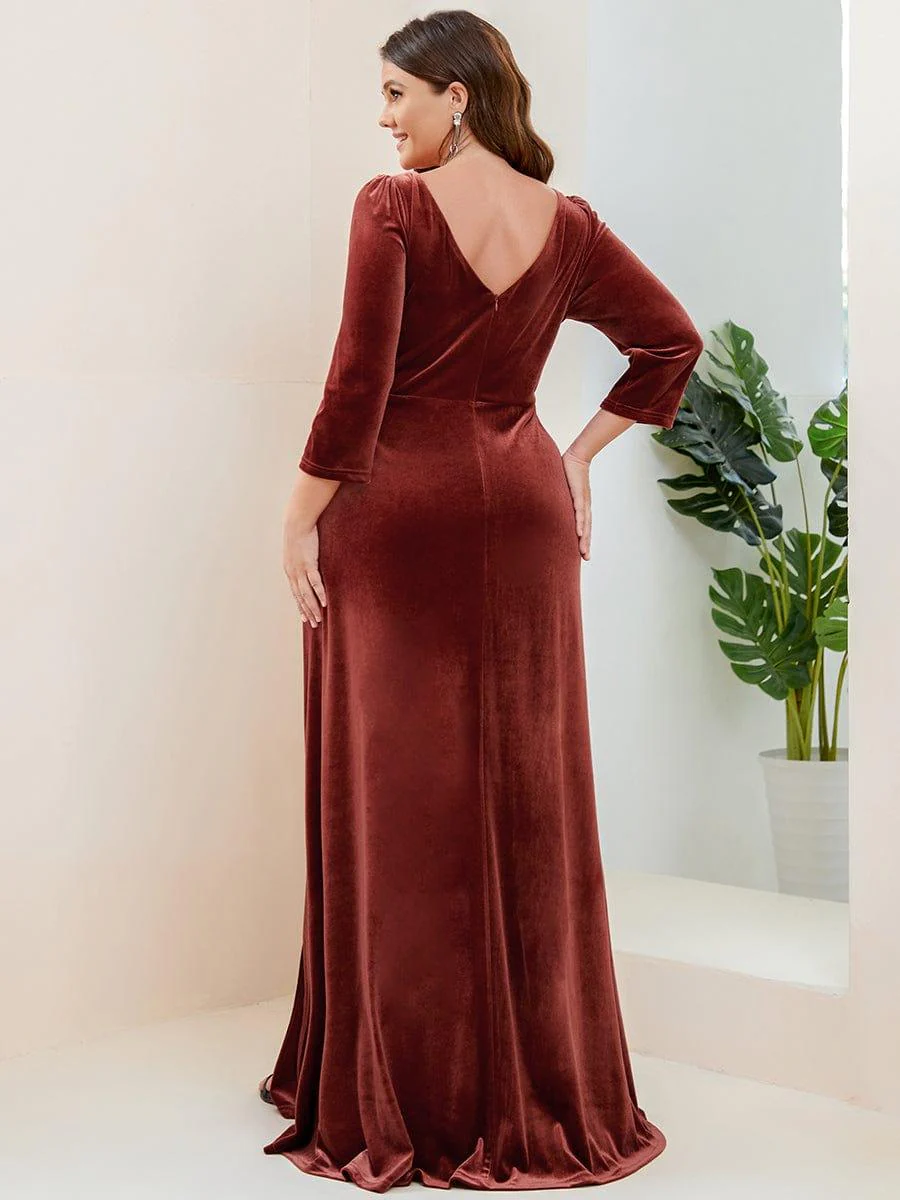 Plus Size Velvet Plunging V-Neck 3/4 Sleeve A-Line Evening Dress with Slit(Final Sale) - Image 9
