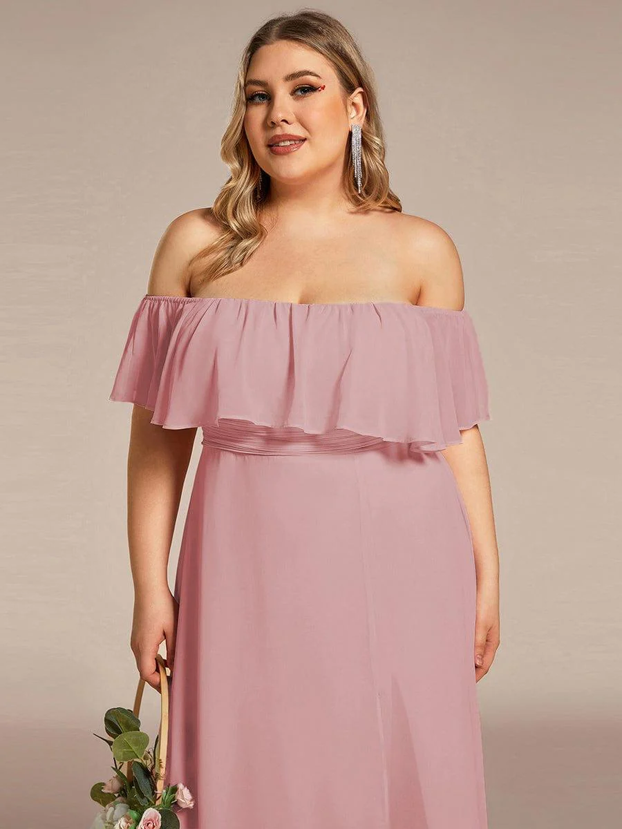 pretty ÉMILE|Plus Size Off-The-Shoulder Ruffle Thigh Split Bridesmaid Dress - Image 101