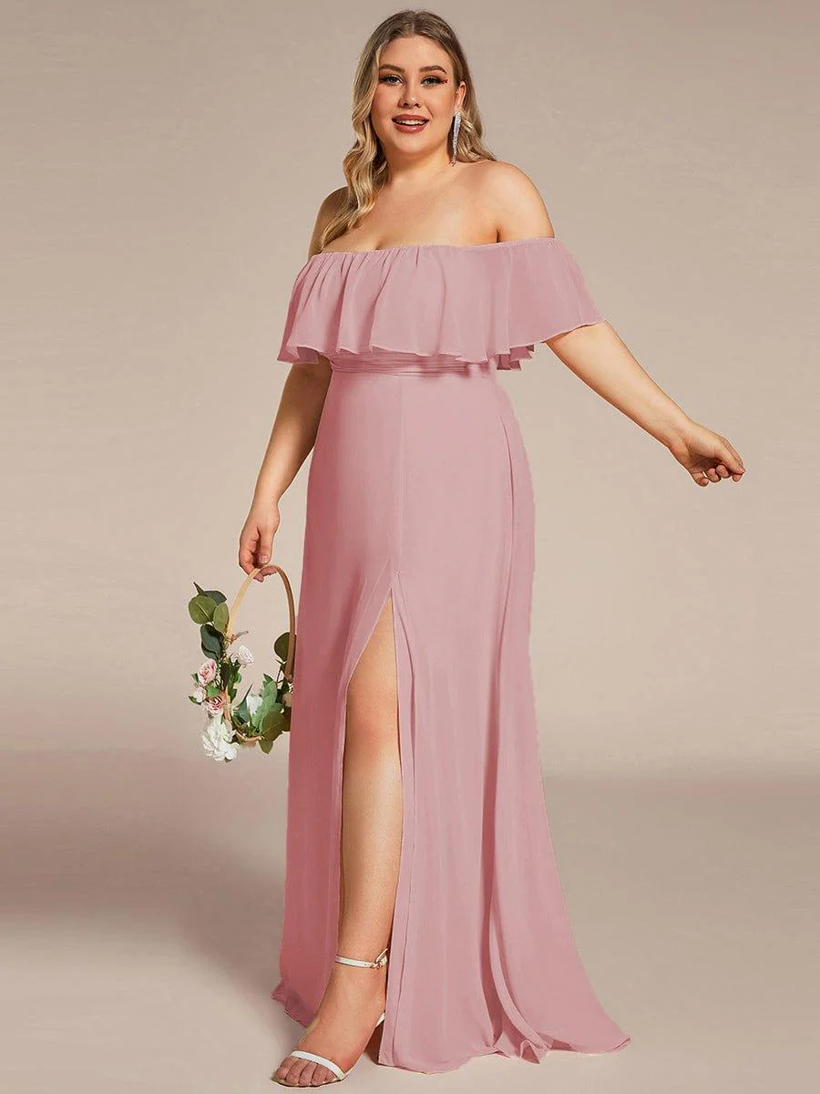 pretty ÉMILE|Plus Size Off-The-Shoulder Ruffle Thigh Split Bridesmaid Dress - Image 102