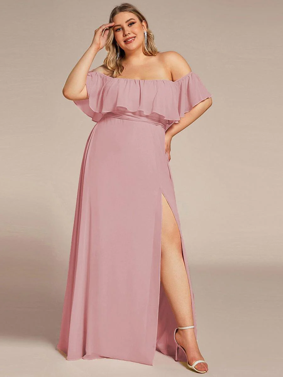 pretty ÉMILE|Plus Size Off-The-Shoulder Ruffle Thigh Split Bridesmaid Dress - Image 103