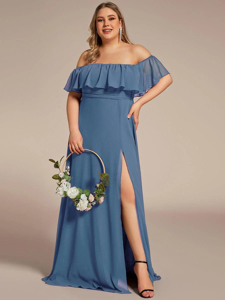 pretty ÉMILE|Plus Size Off-The-Shoulder Ruffle Thigh Split Bridesmaid Dress - Image 104