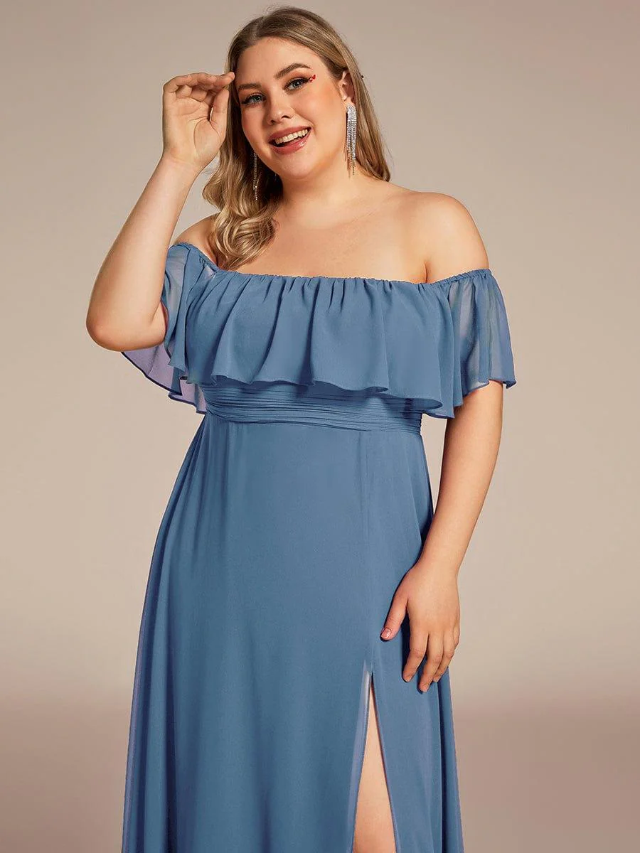pretty ÉMILE|Plus Size Off-The-Shoulder Ruffle Thigh Split Bridesmaid Dress - Image 106