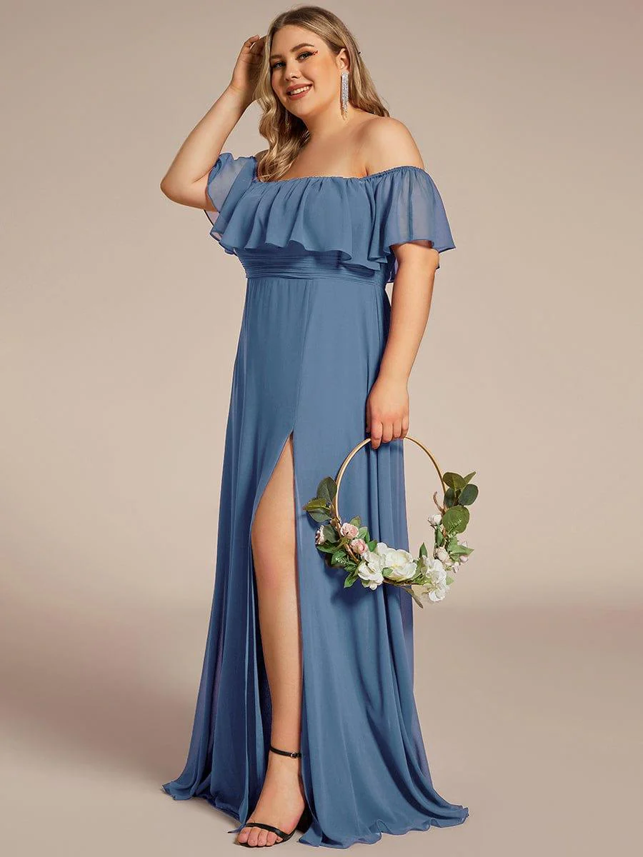 pretty ÉMILE|Plus Size Off-The-Shoulder Ruffle Thigh Split Bridesmaid Dress - Image 107