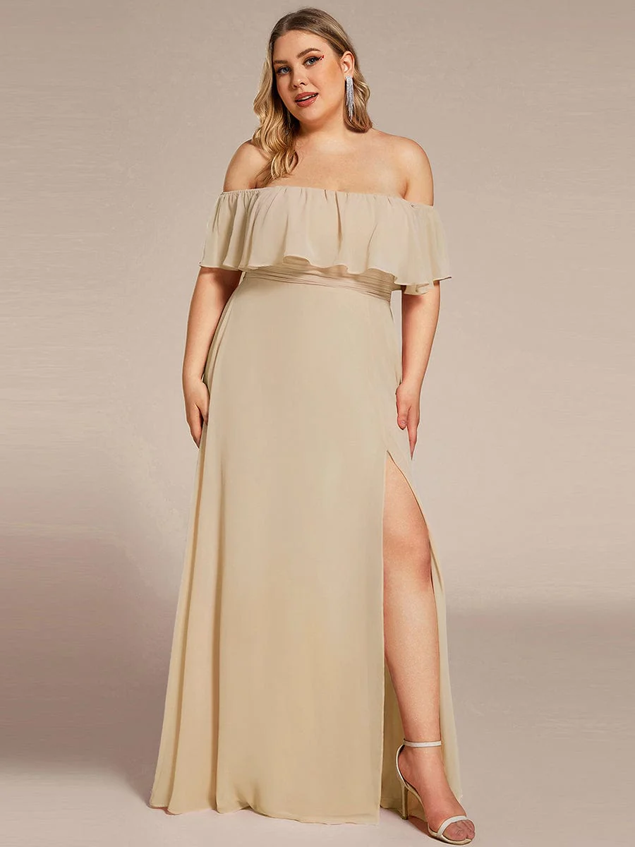 pretty ÉMILE|Plus Size Off-The-Shoulder Ruffle Thigh Split Bridesmaid Dress - Image 109