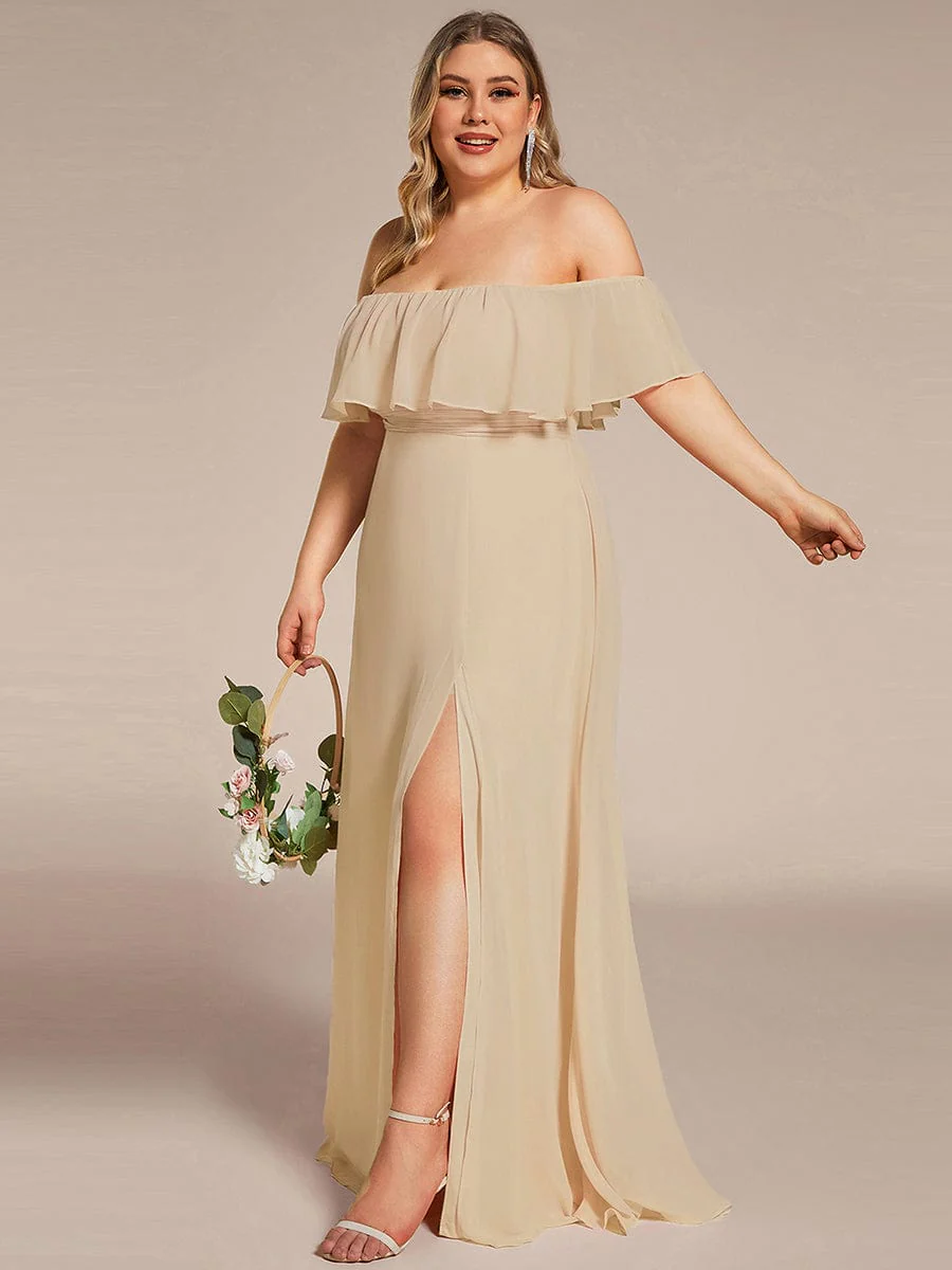 pretty ÉMILE|Plus Size Off-The-Shoulder Ruffle Thigh Split Bridesmaid Dress - Image 112
