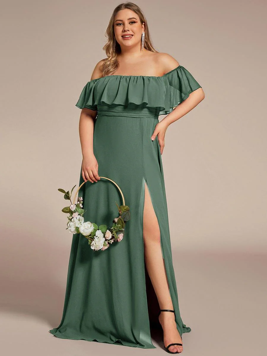 pretty ÉMILE|Plus Size Off-The-Shoulder Ruffle Thigh Split Bridesmaid Dress - Image 114