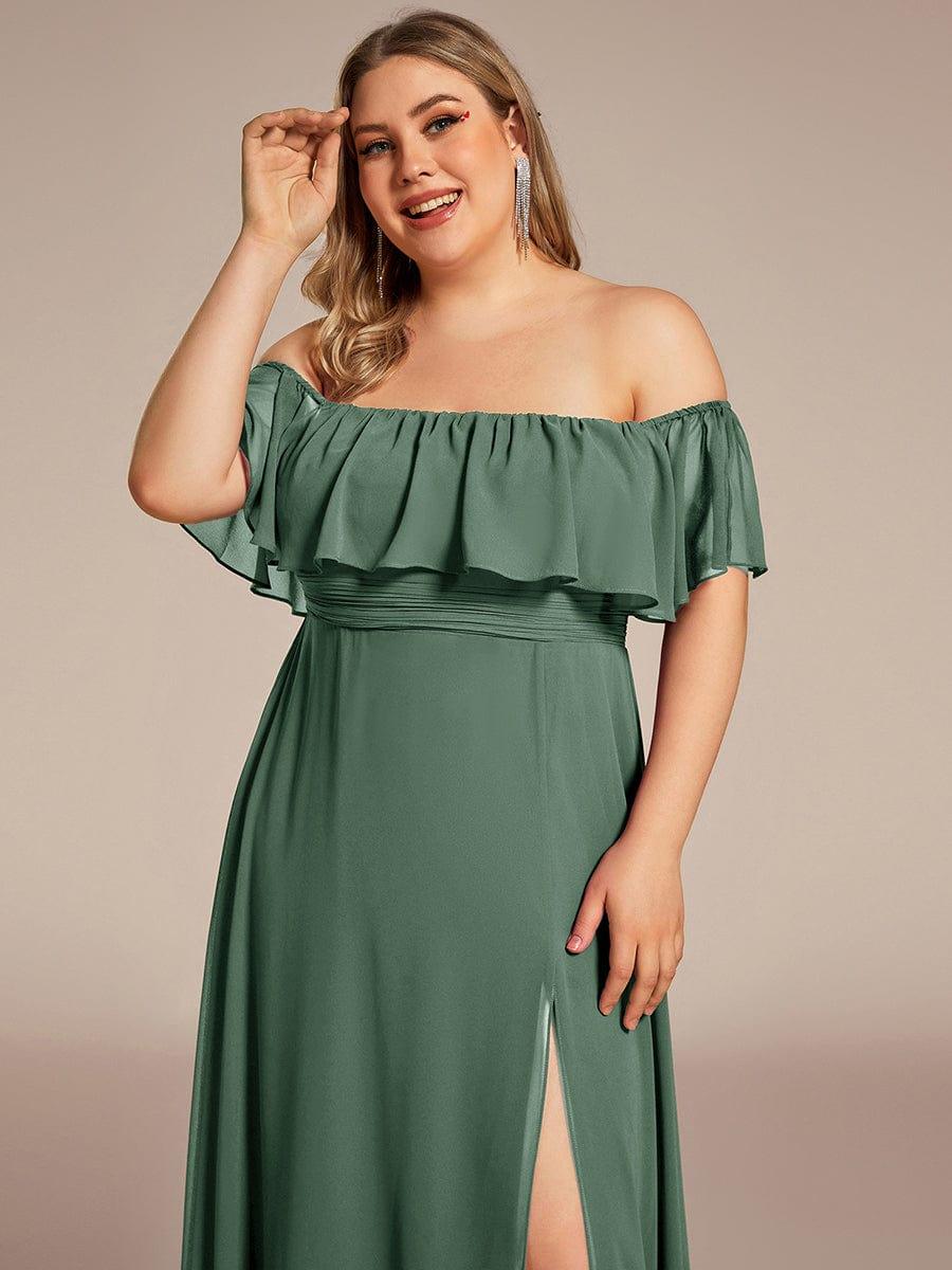 pretty ÉMILE|Plus Size Off-The-Shoulder Ruffle Thigh Split Bridesmaid Dress - Image 116