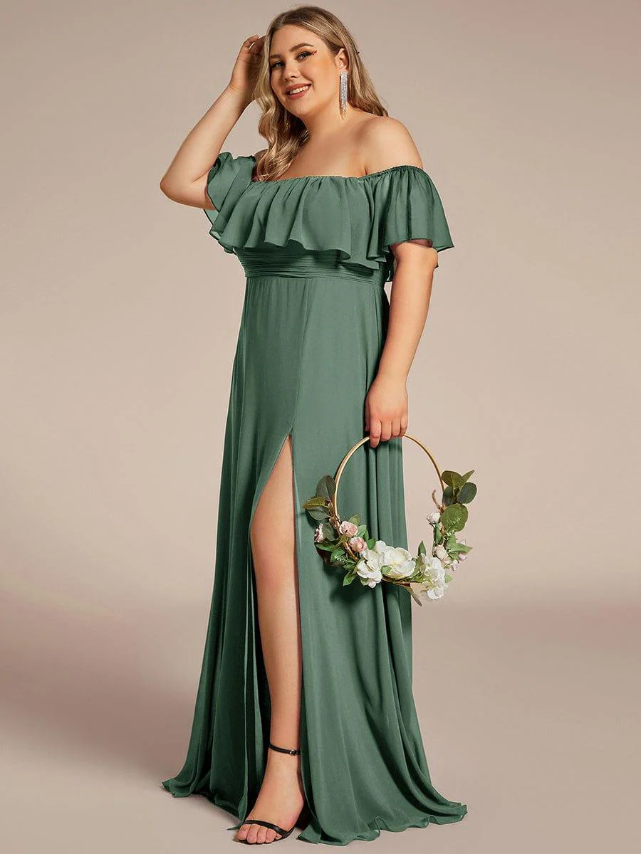 pretty ÉMILE|Plus Size Off-The-Shoulder Ruffle Thigh Split Bridesmaid Dress - Image 117