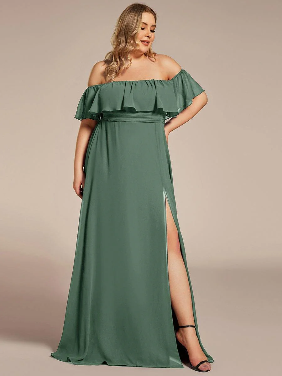 pretty ÉMILE|Plus Size Off-The-Shoulder Ruffle Thigh Split Bridesmaid Dress - Image 118
