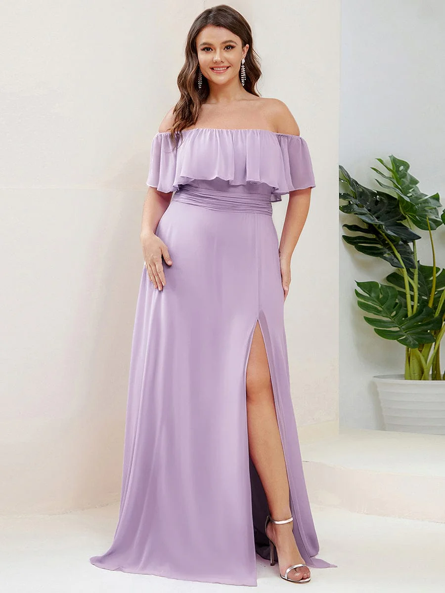 pretty ÉMILE|Plus Size Off-The-Shoulder Ruffle Thigh Split Bridesmaid Dress - Image 129