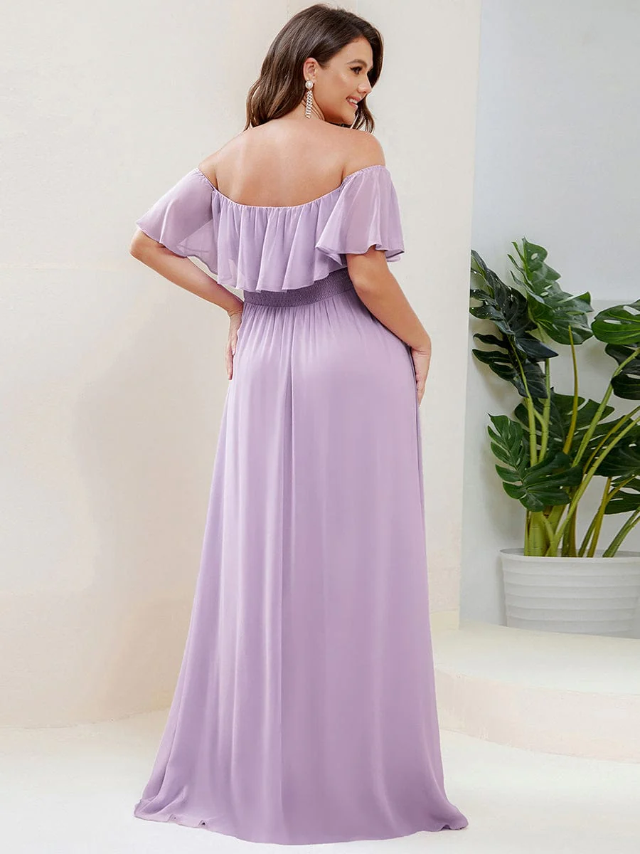 pretty ÉMILE|Plus Size Off-The-Shoulder Ruffle Thigh Split Bridesmaid Dress - Image 130