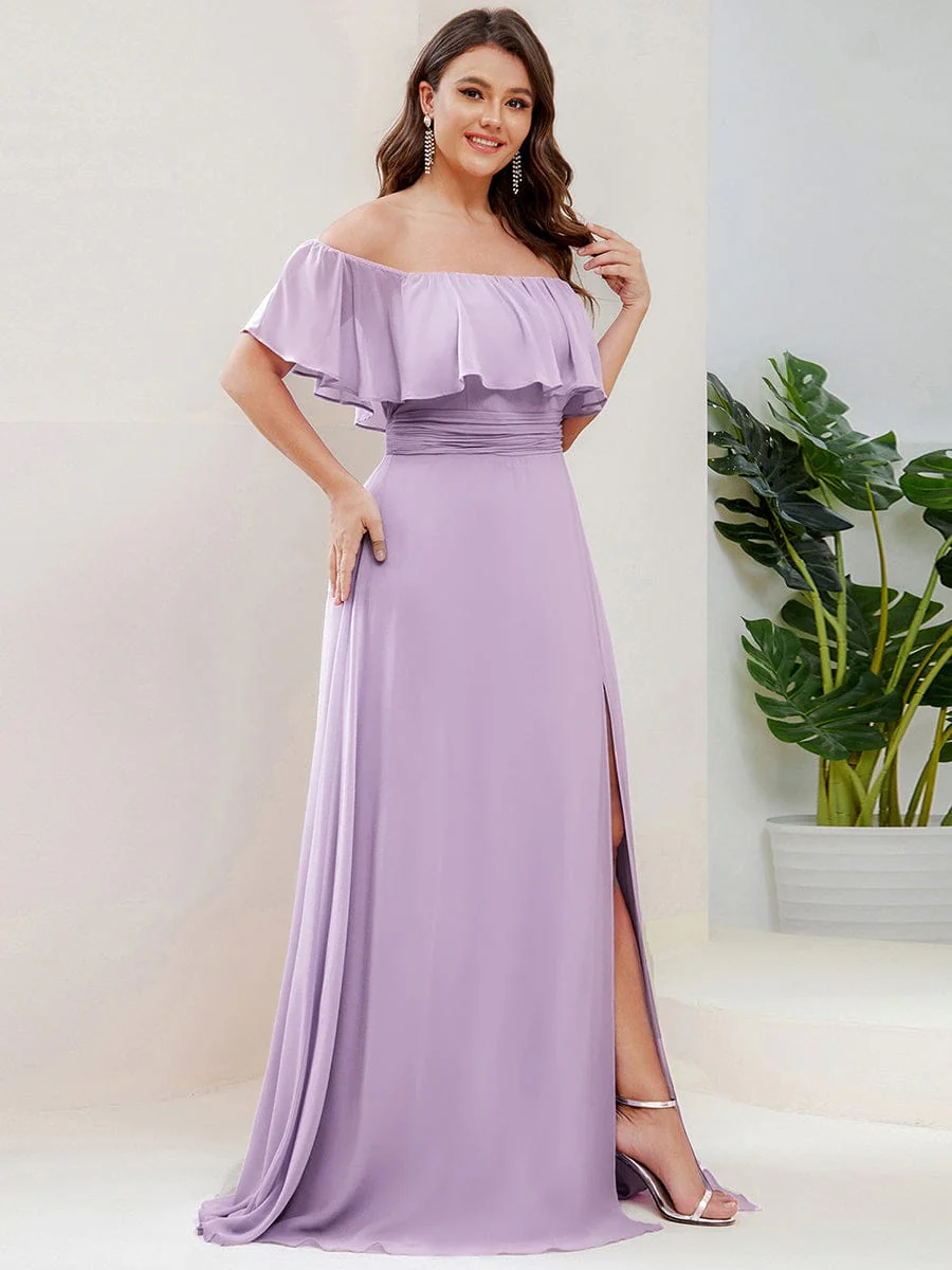 pretty ÉMILE|Plus Size Off-The-Shoulder Ruffle Thigh Split Bridesmaid Dress - Image 131