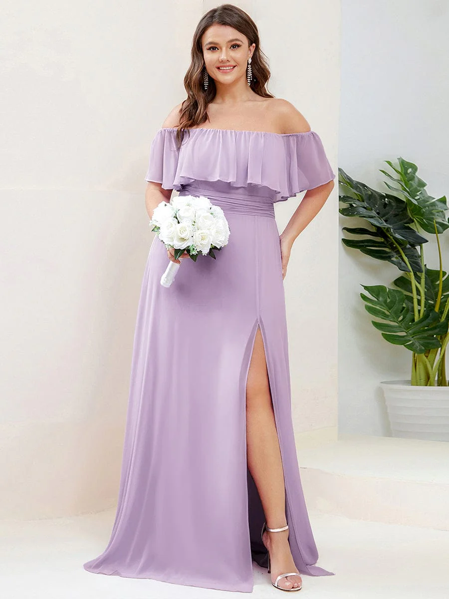 pretty ÉMILE|Plus Size Off-The-Shoulder Ruffle Thigh Split Bridesmaid Dress - Image 132